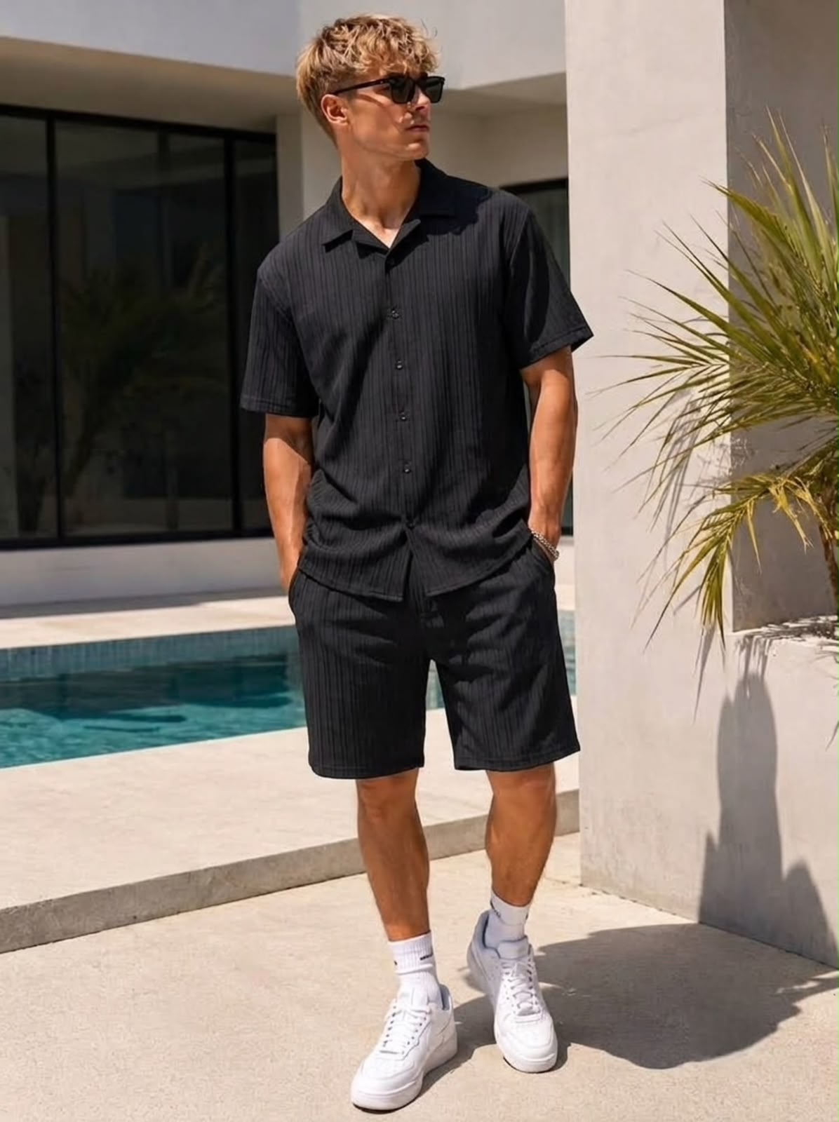 Crushed Linen Solid Short Set - Black - Under Attack