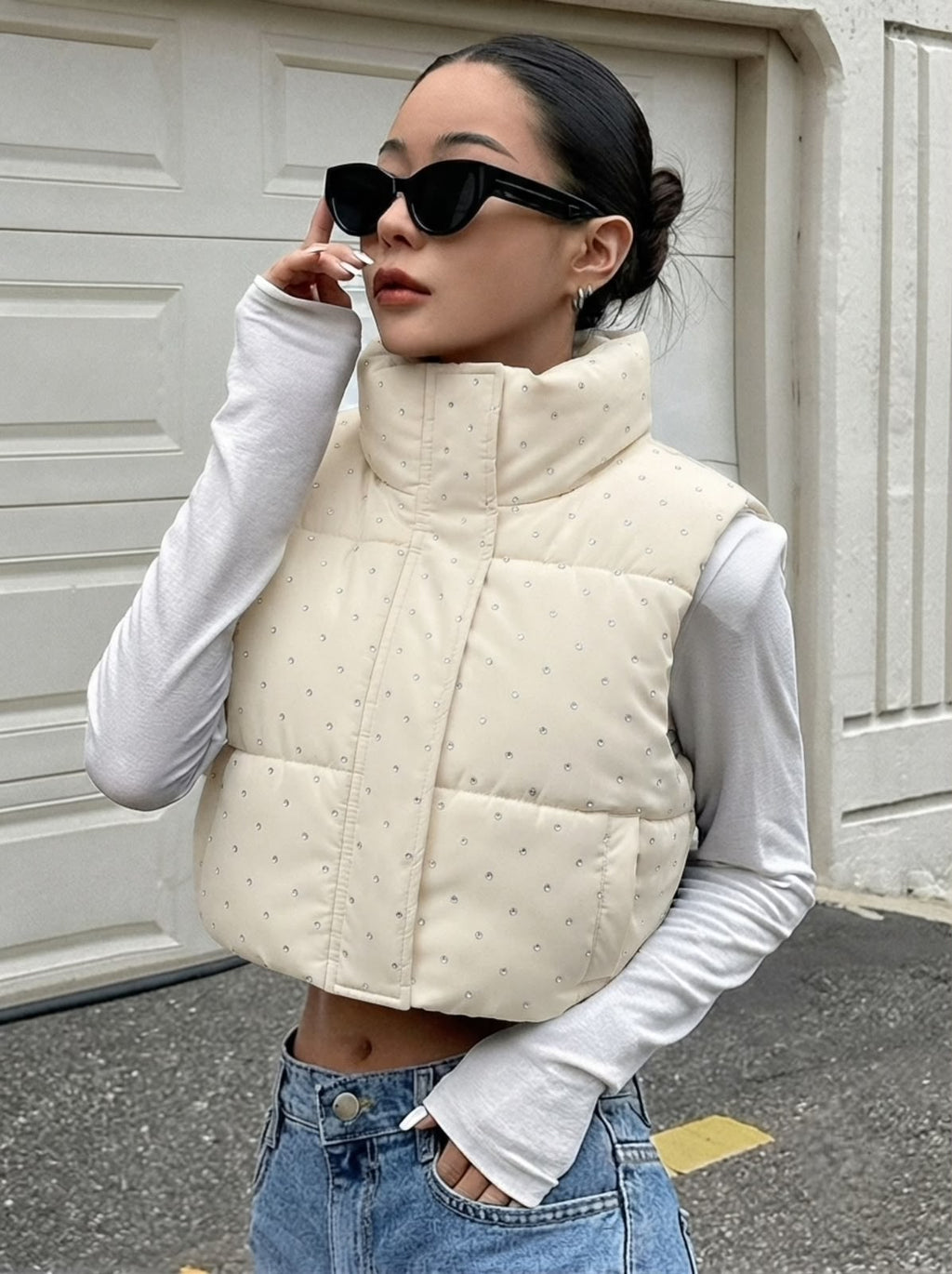 Crystal Studded Puffer Jacket - White - Under Attack