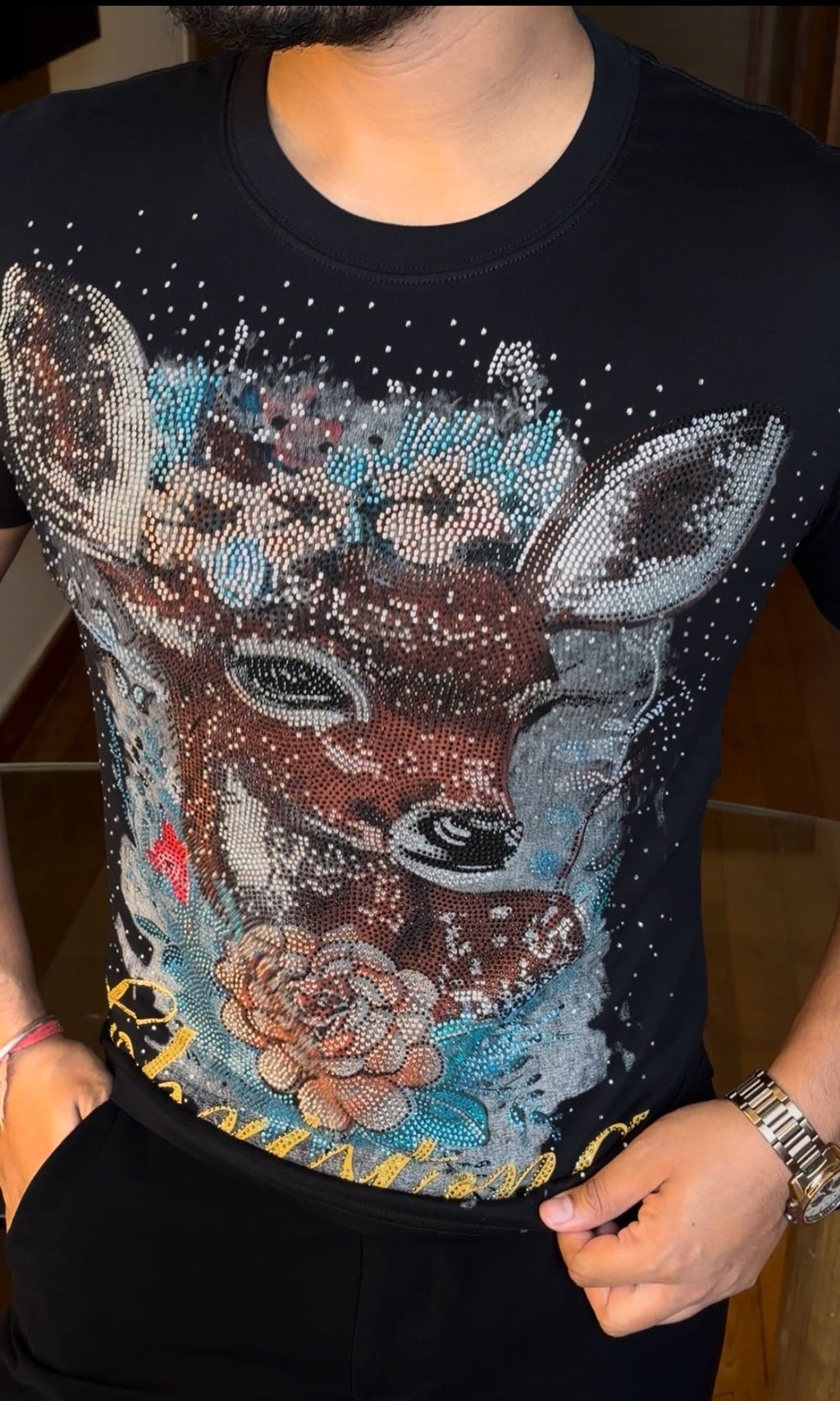 Deer Luxury Diamond Rhinestones Tshirt - Black - Under Attack