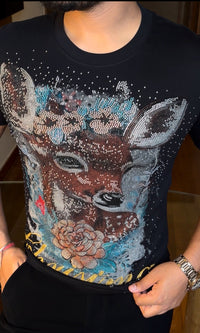 Deer Luxury Diamond Rhinestones Tshirt - Black