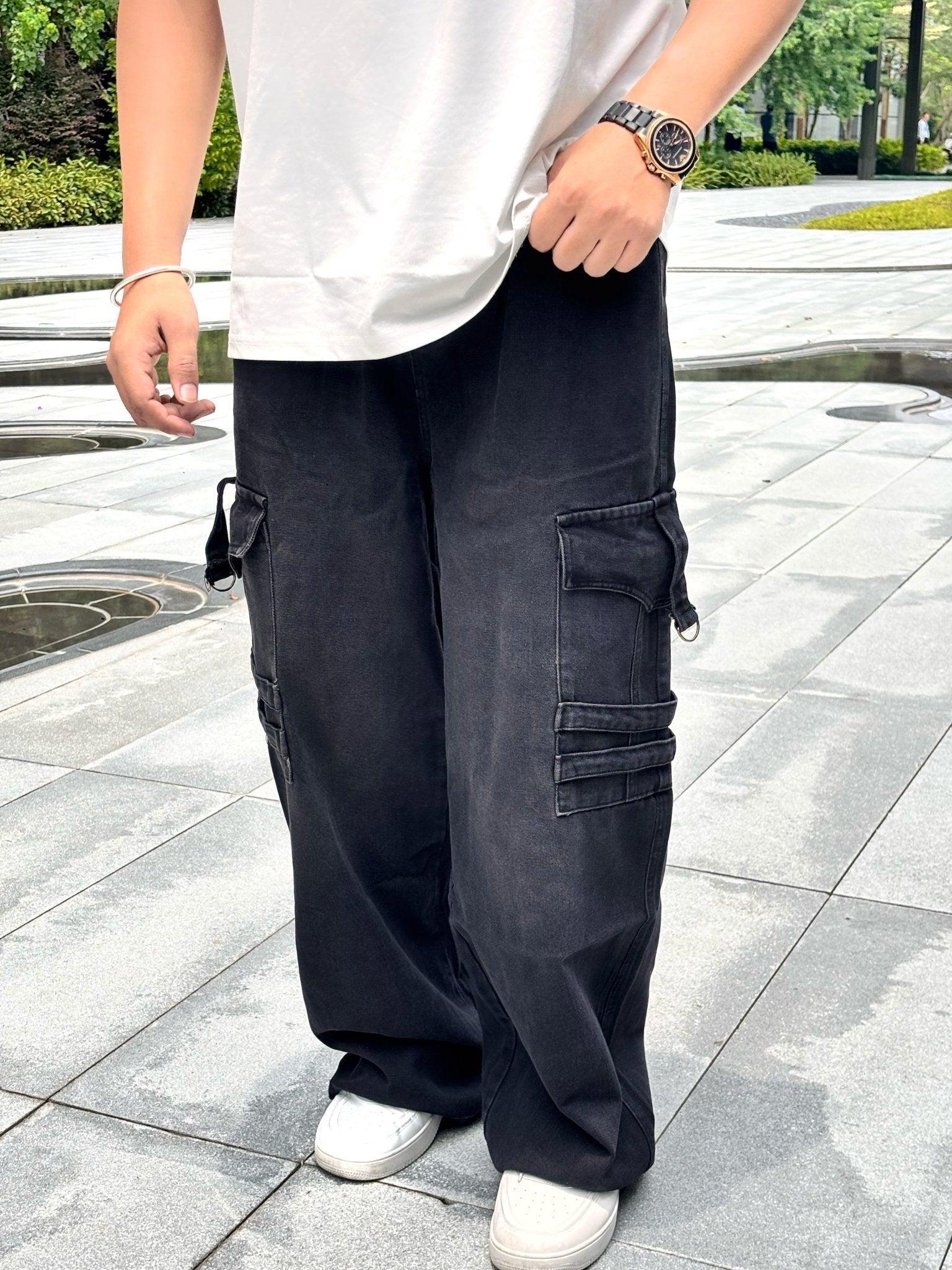Double Pocket Painted Straight Fit Baggy Pants - BLACK - Under Attack