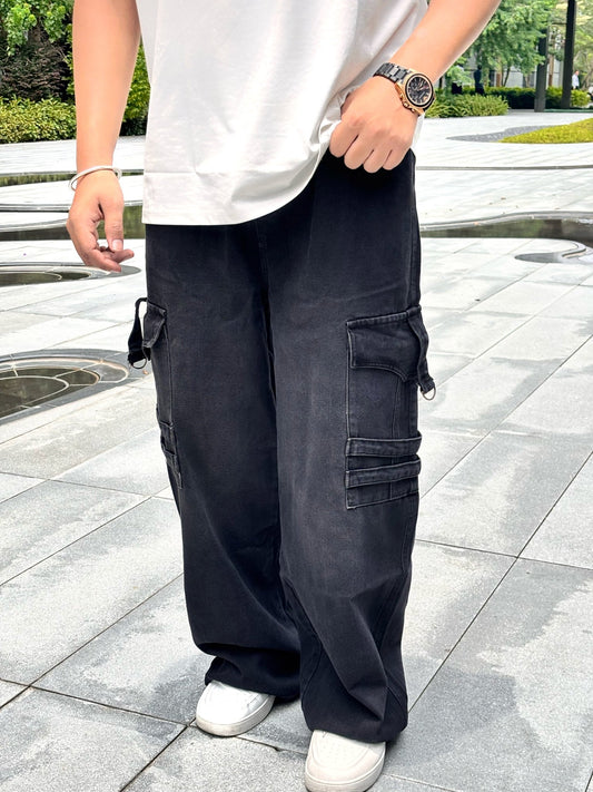 Double Pocket Painted Straight Fit Baggy Pants - BLACK - Under Attack