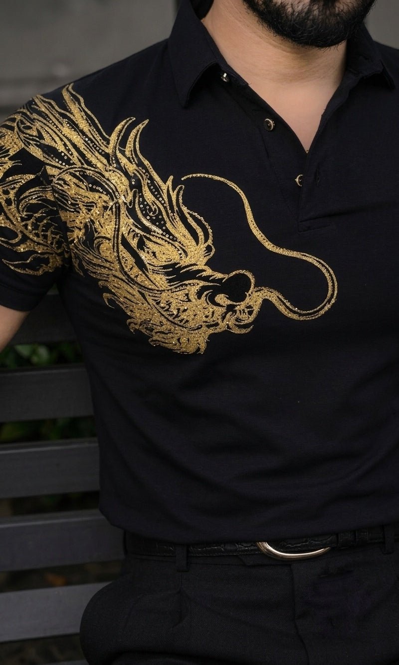 Dragon Half Sleeves Polo Tshirt - Black - Under Attack