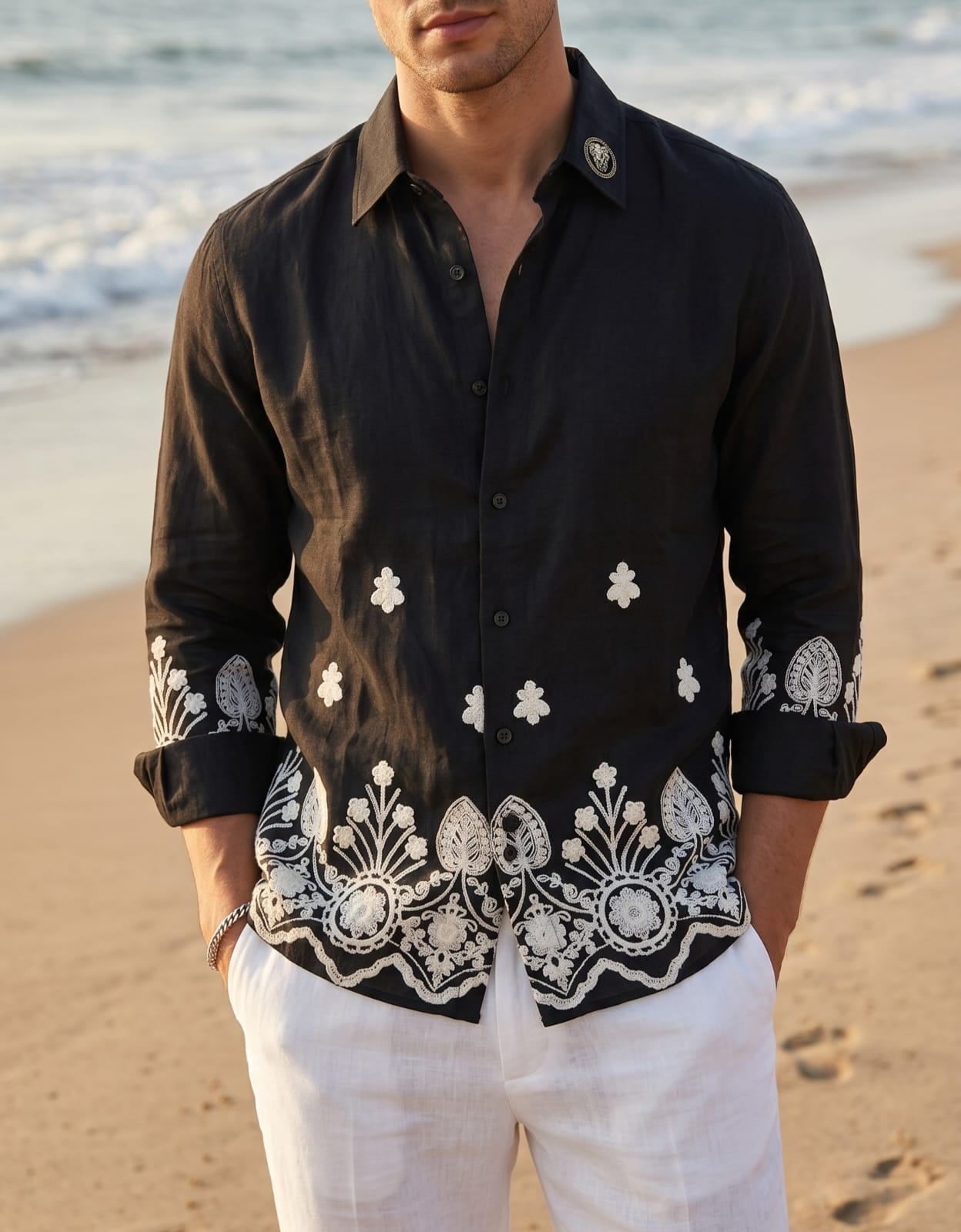 DUBAI LINEN EMBROIDERED SHIRT - BLACK - Under Attack