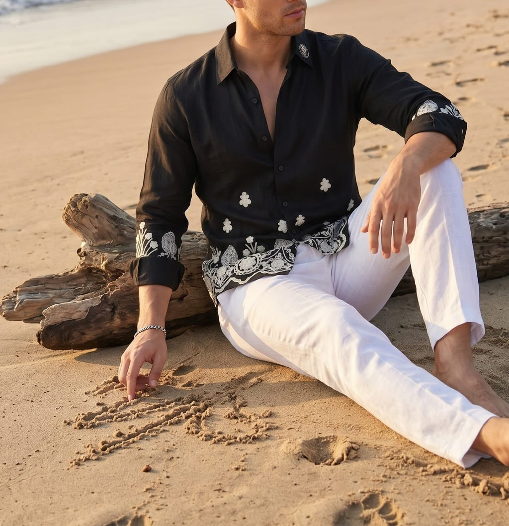 DUBAI LINEN EMBROIDERED SHIRT - BLACK - Under Attack