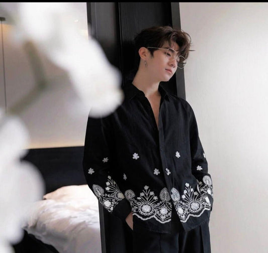 DUBAI LINEN EMBROIDERED SHIRT - BLACK - Under Attack