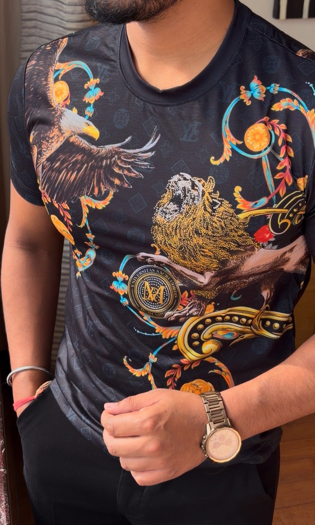 Eagle lion luxury diamond rhinestone tshirt - black - Under Attack