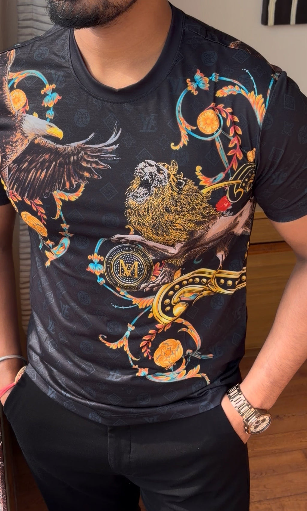 Eagle lion luxury diamond rhinestone tshirt - black - Under Attack