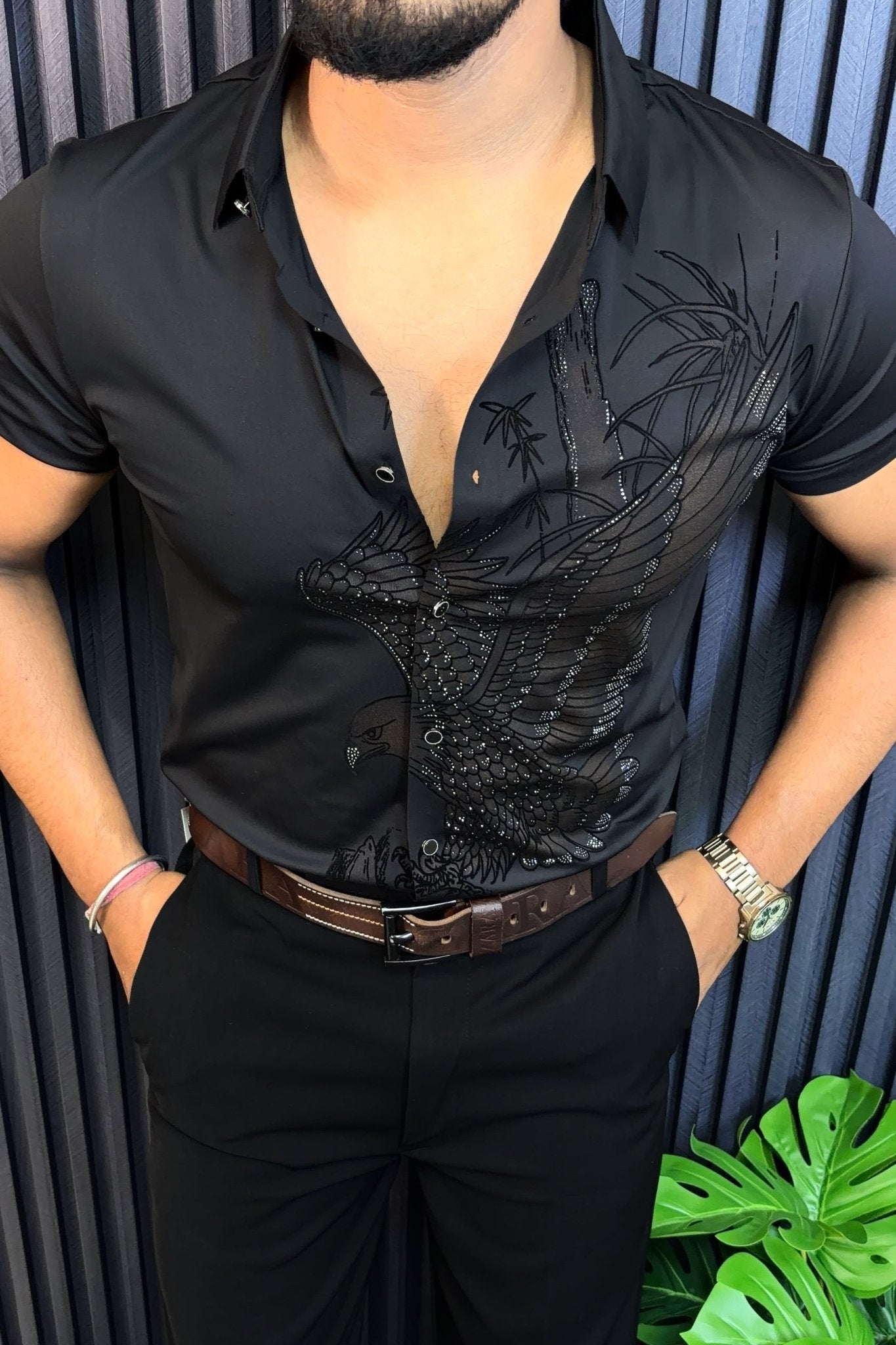 Falcon Jacquard Half Sleeves Shirt - BLACK - Under Attack