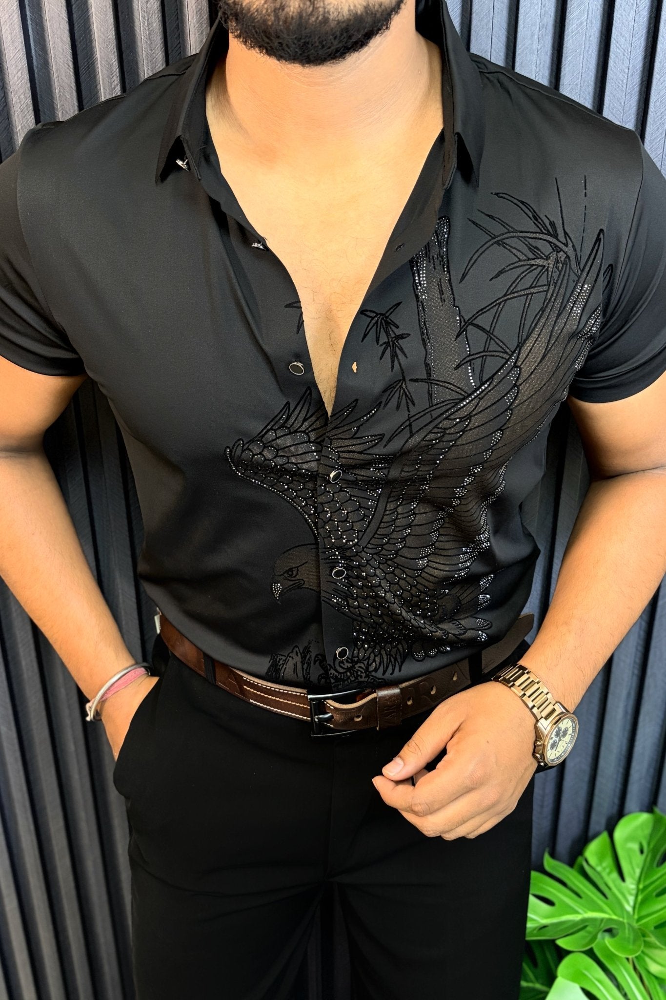 Falcon Jacquard Half Sleeves Shirt - BLACK - Under Attack