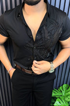 Falcon Jacquard Half Sleeves Shirt - BLACK - Under Attack