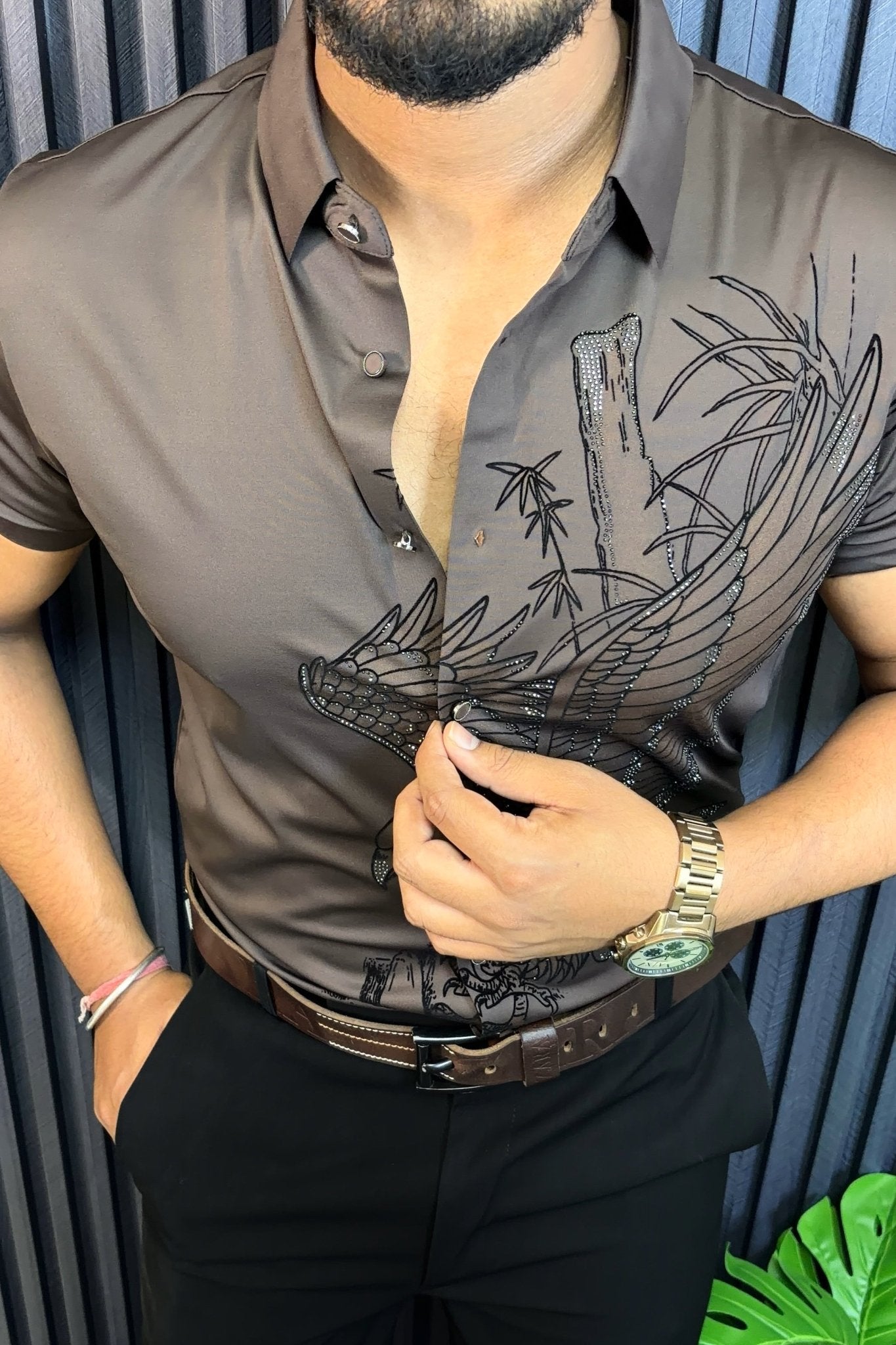 Falcon Jacquard Half Sleeves Shirt - MOCHA BROWN - Under Attack