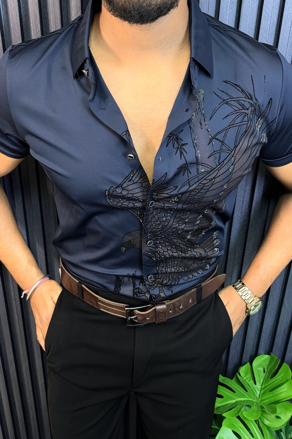 Falcon Jacquard Half Sleeves Shirt - NAVY - Under Attack