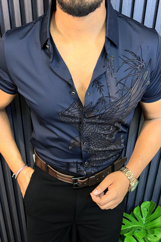 Falcon Jacquard Half Sleeves Shirt - NAVY - Under Attack