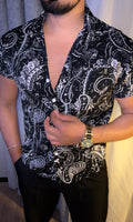 Floral Contrast Print Jacquard Half Sleeves Shirt - BLACK - Under Attack