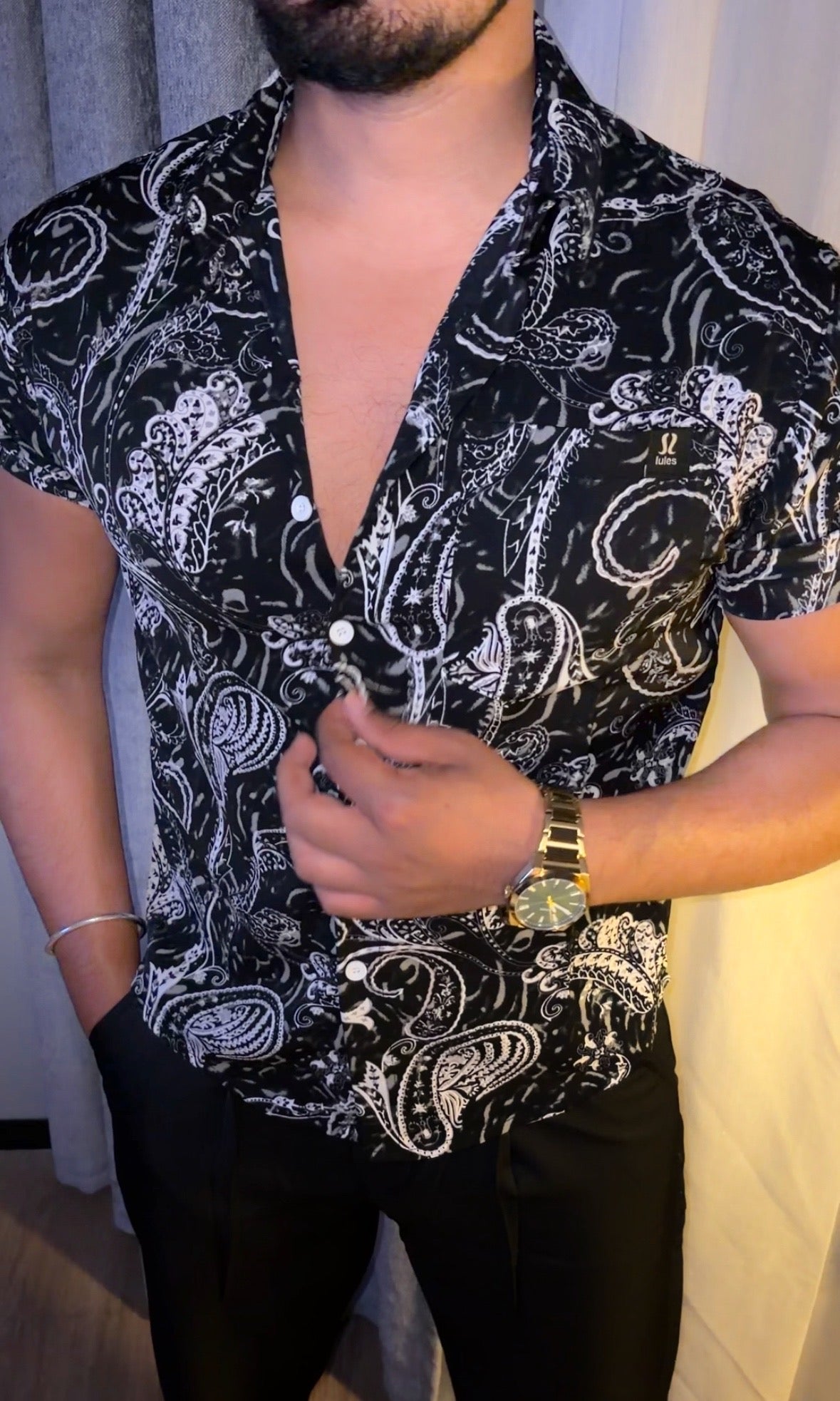 Floral Contrast Print Jacquard Half Sleeves Shirt - BLACK - Under Attack