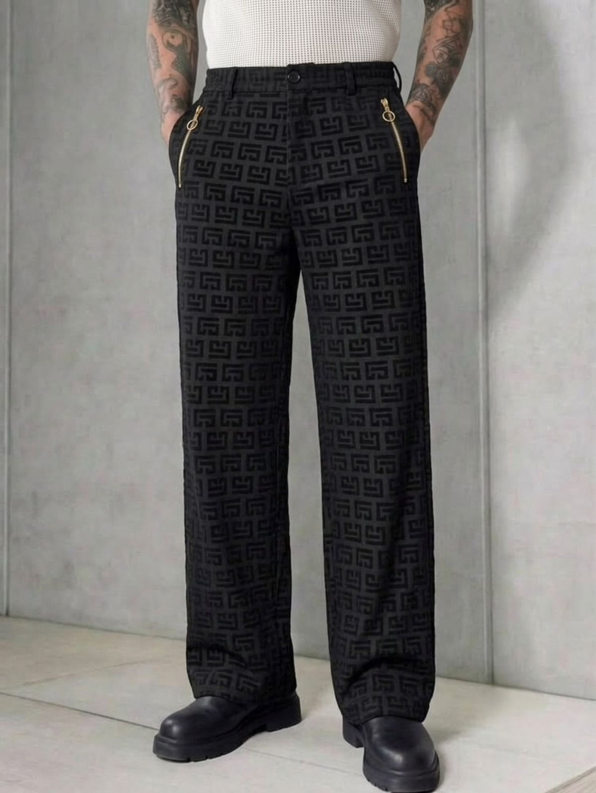 Geometric Jacquard Wide Leg Trouser - Black - Under Attack