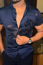 Jaguar Roar Jacquard Half Sleeves Shirt - NAVY - Under Attack