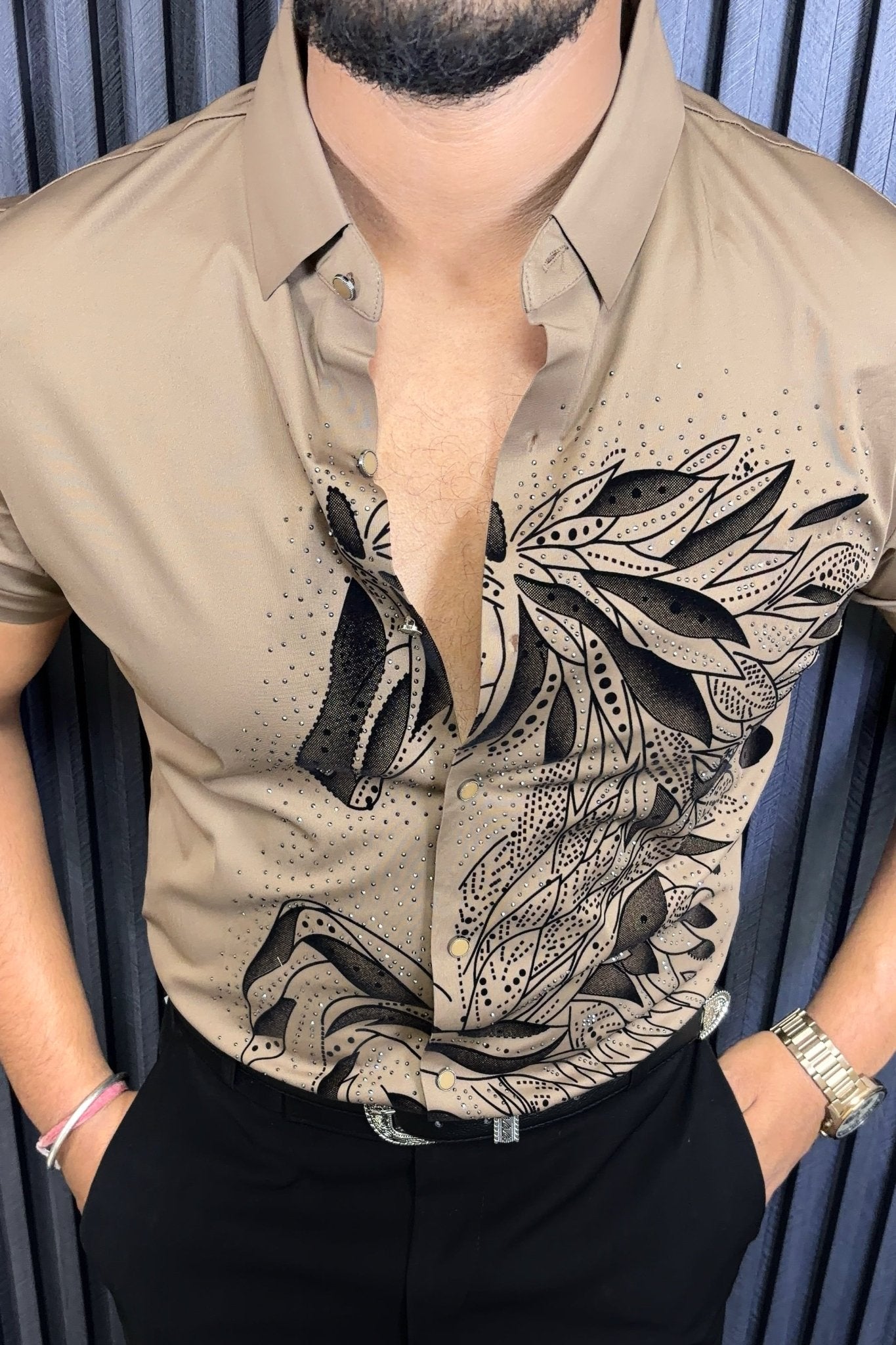 Knight Jacquard Half Sleeves Shirt - CARAMEL - Under Attack