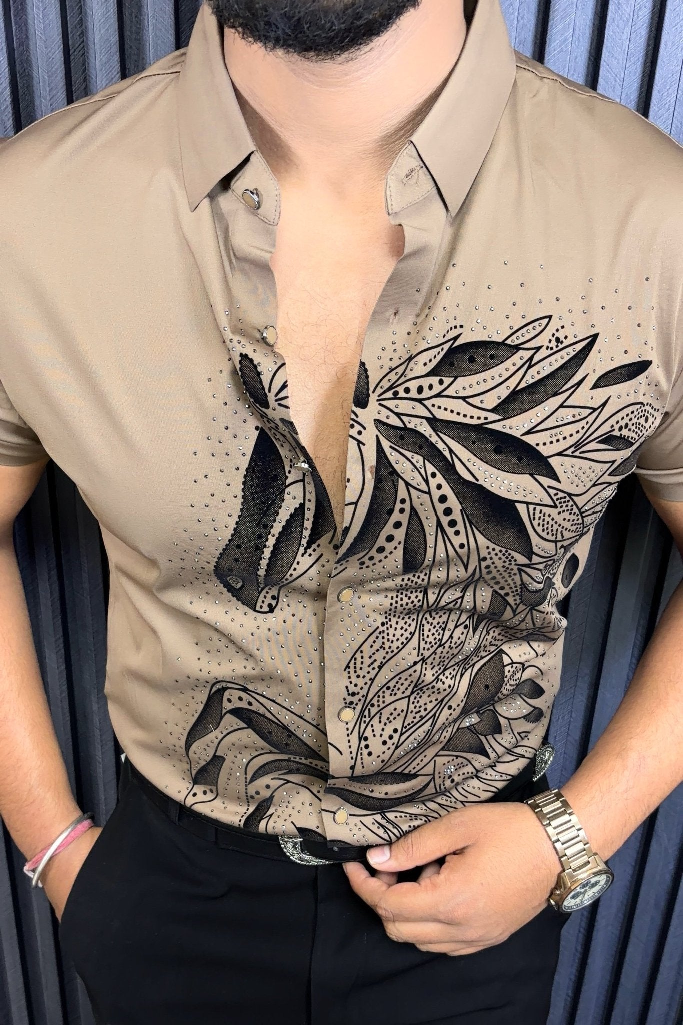 Knight Jacquard Half Sleeves Shirt - CARAMEL - Under Attack
