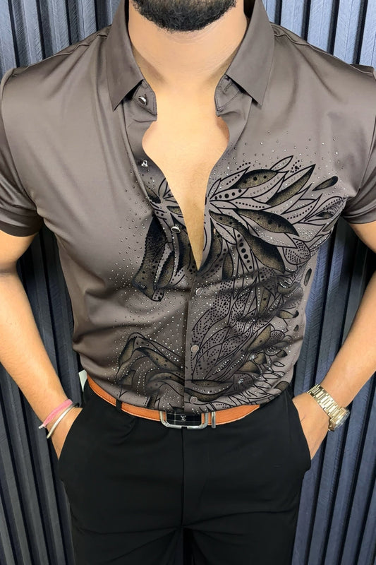 Knight Jacquard Half Sleeves Shirt - MOCHA BROWN - Under Attack