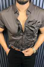 Knight Jacquard Half Sleeves Shirt - MOCHA BROWN - Under Attack