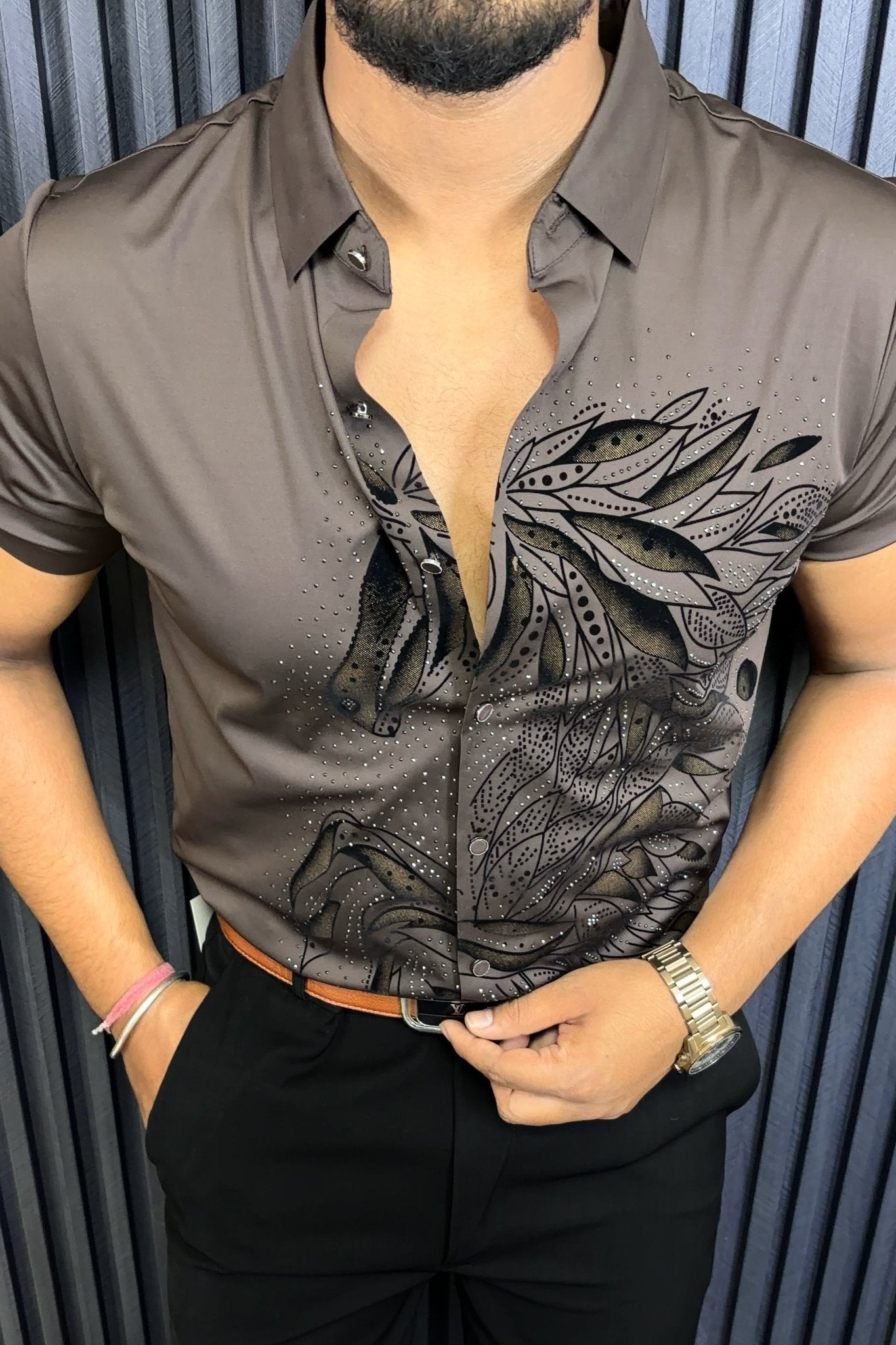 Knight Jacquard Half Sleeves Shirt - MOCHA BROWN - Under Attack