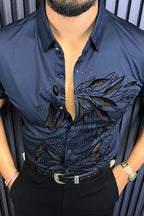Knight Jacquard Half Sleeves Shirt - NAVY - Under Attack