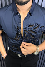 Knight Jacquard Half Sleeves Shirt - NAVY - Under Attack