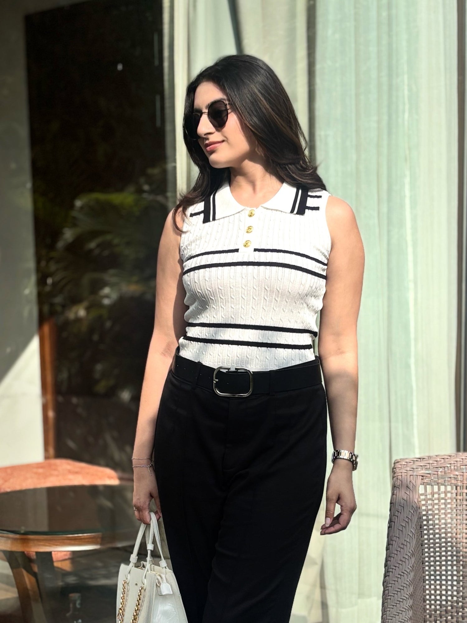 Knit Stripes Polo Top - White - Under Attack