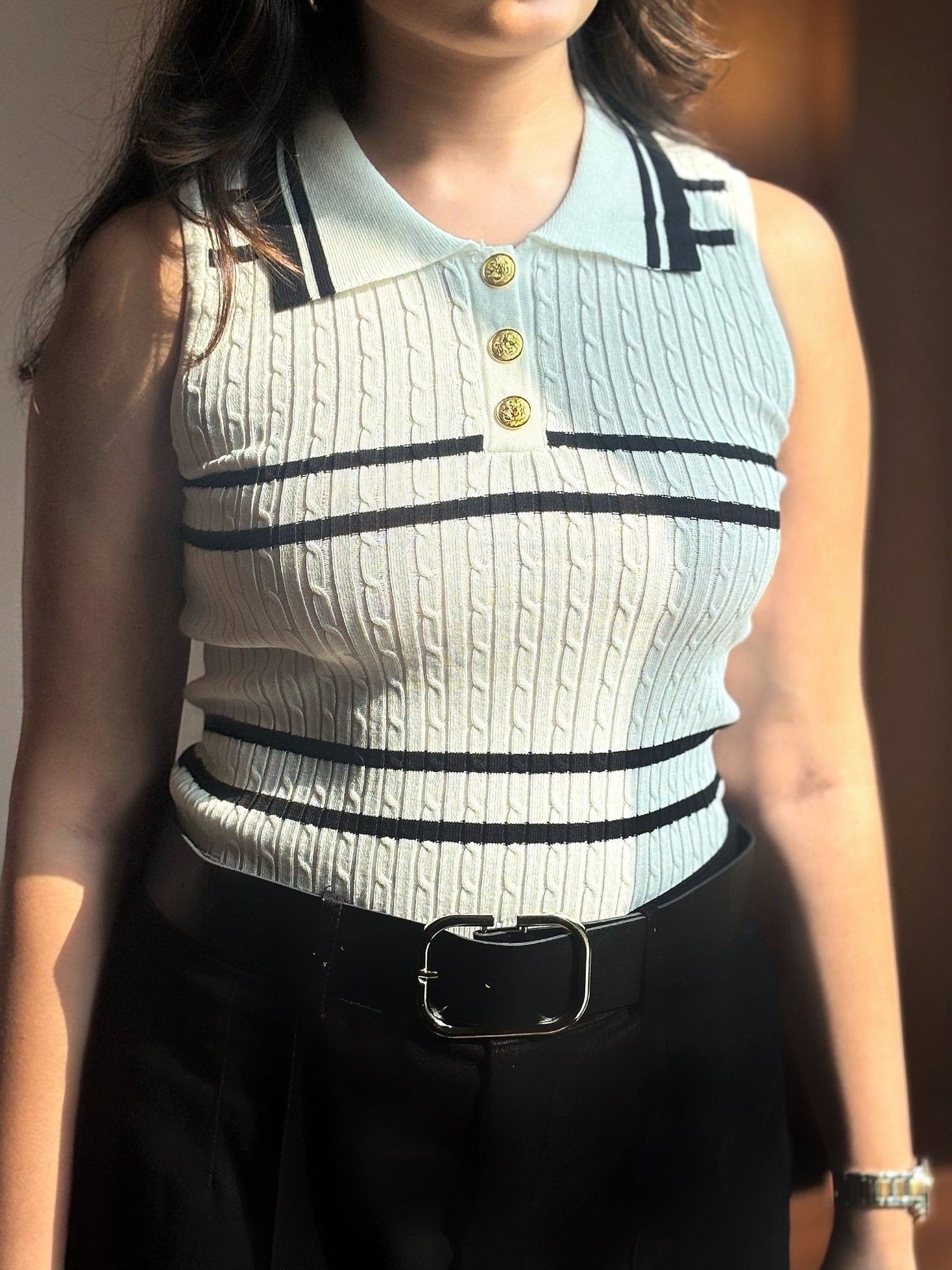 Knit Stripes Polo Top - White - Under Attack
