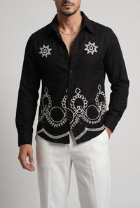 Laos Linen Embroided Shirt - BLACK