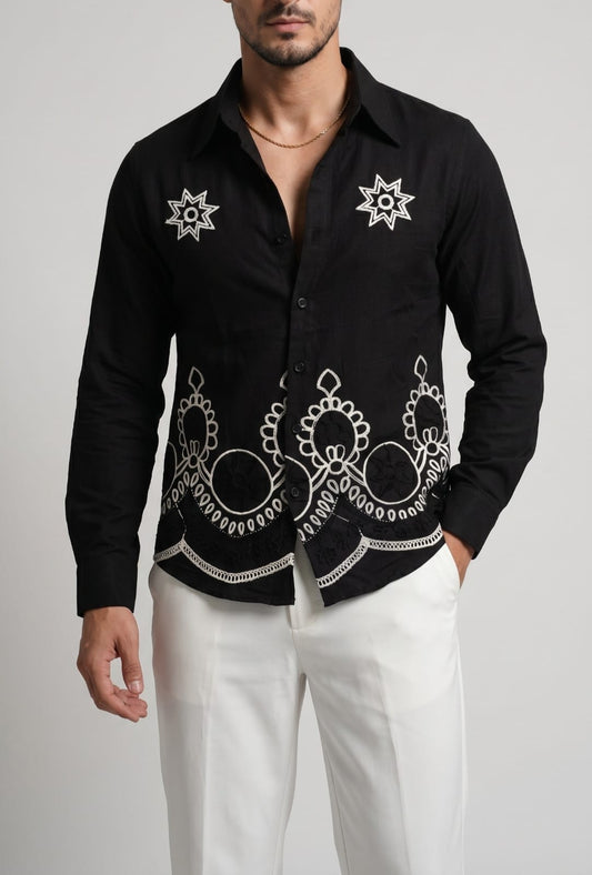 Laos Linen Embroided Shirt - BLACK - Under Attack