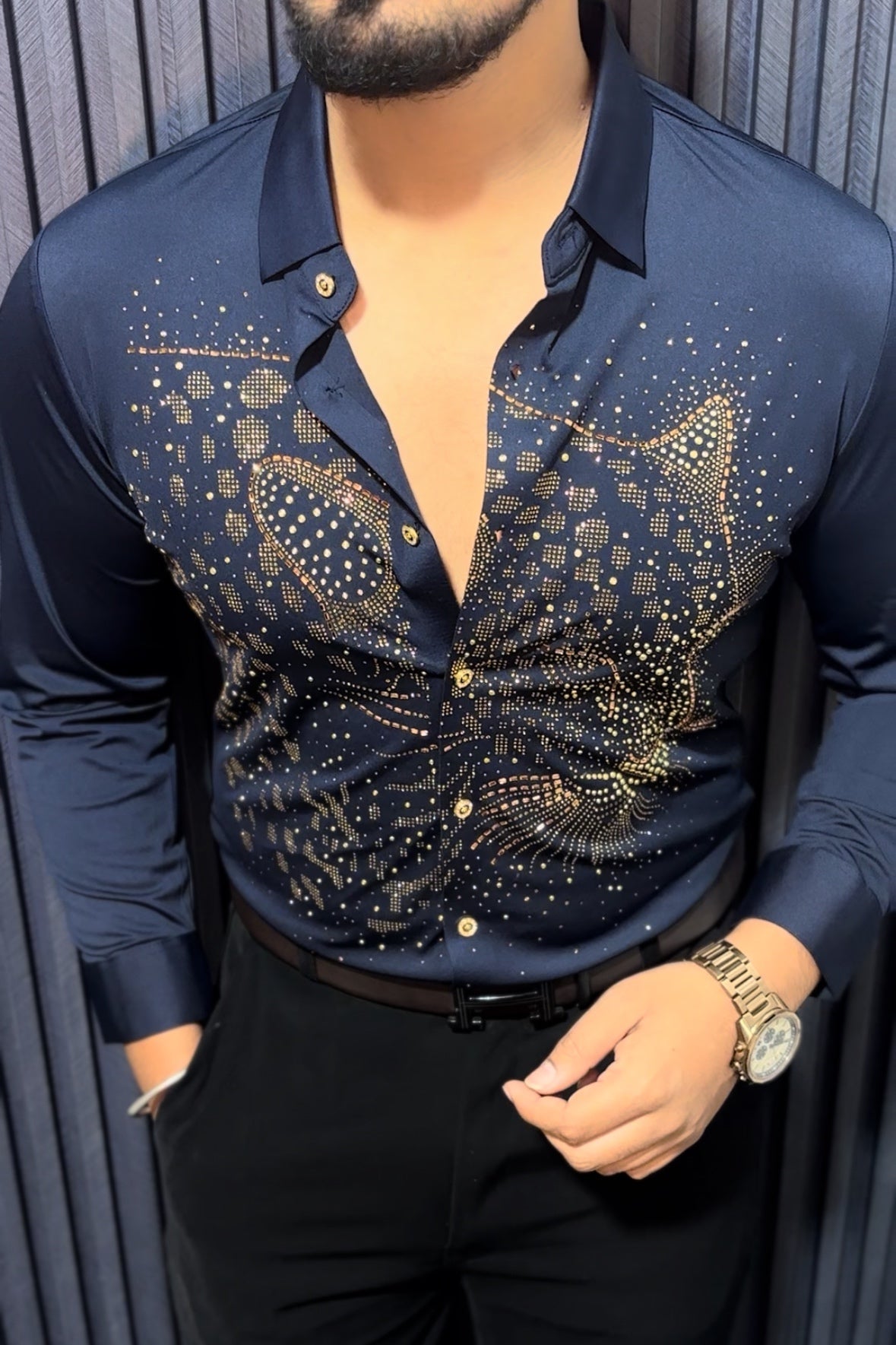 Leopard Roar Jacquard Shirt - NAVY - Under Attack