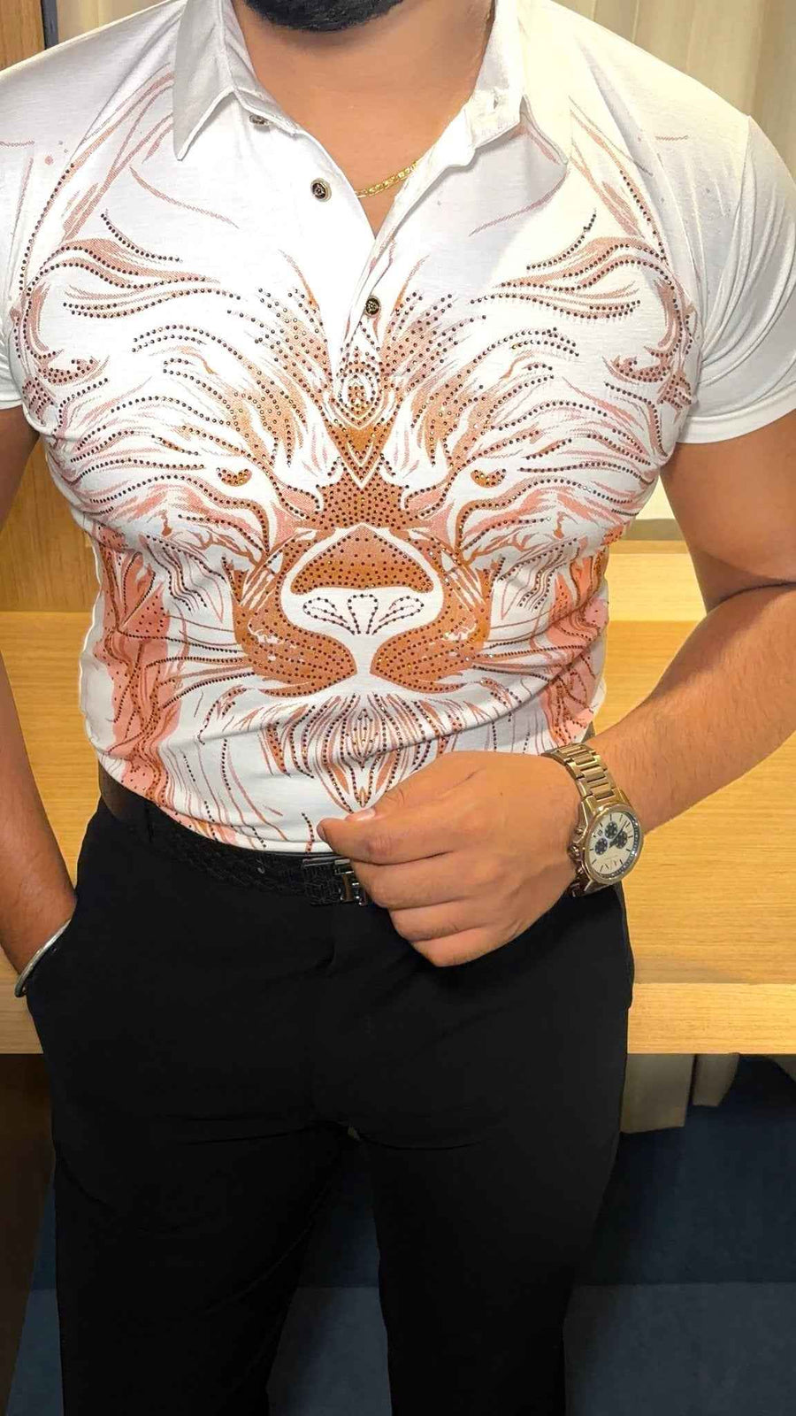 Lion Full Face Half Sleeves Polo Tshirt - White