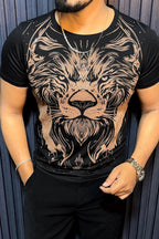 Lion Full Face Half Sleeves Tshirt - Black - Under Attack