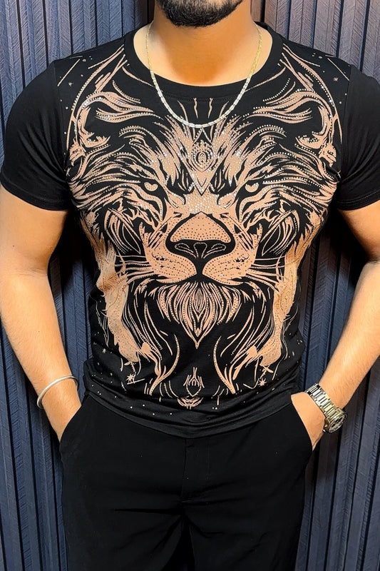 Lion Full Face Half Sleeves Tshirt - Black - Under Attack