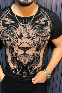 Lion Full Face Half Sleeves Tshirt - Black
