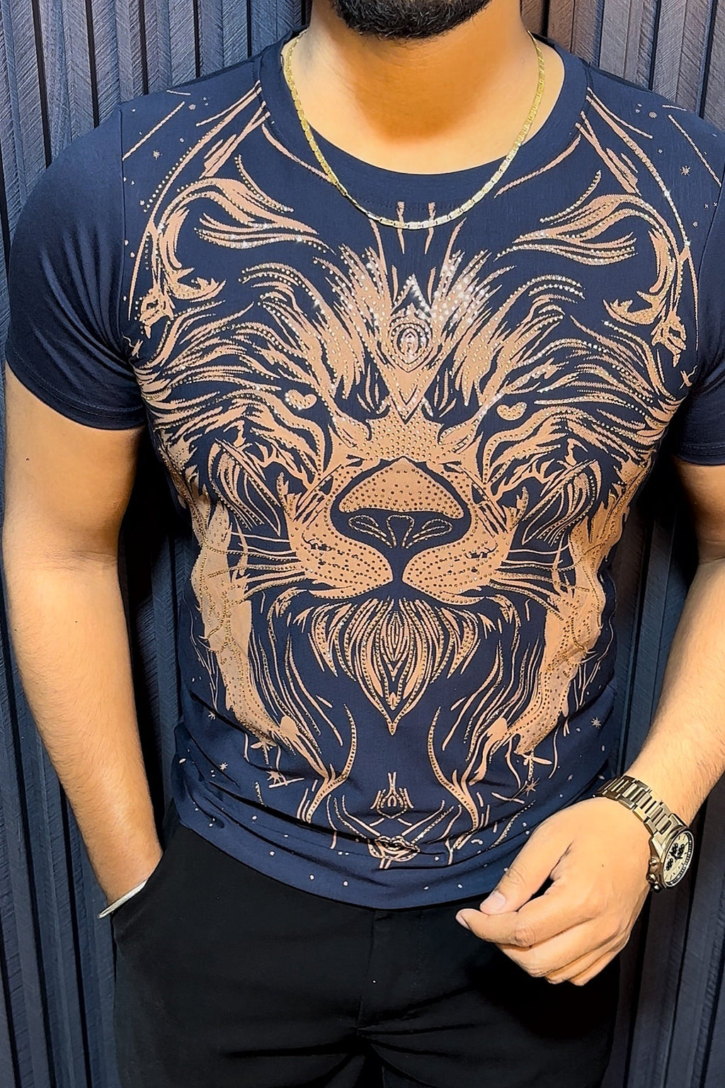 Lion Full Face Half Sleeves Tshirt - Navy - Under Attack