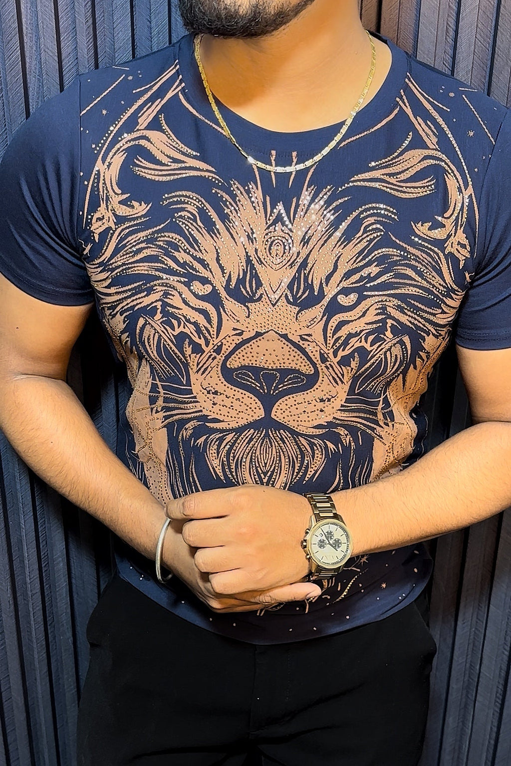 Lion Full Face Half Sleeves Tshirt - Navy - Under Attack