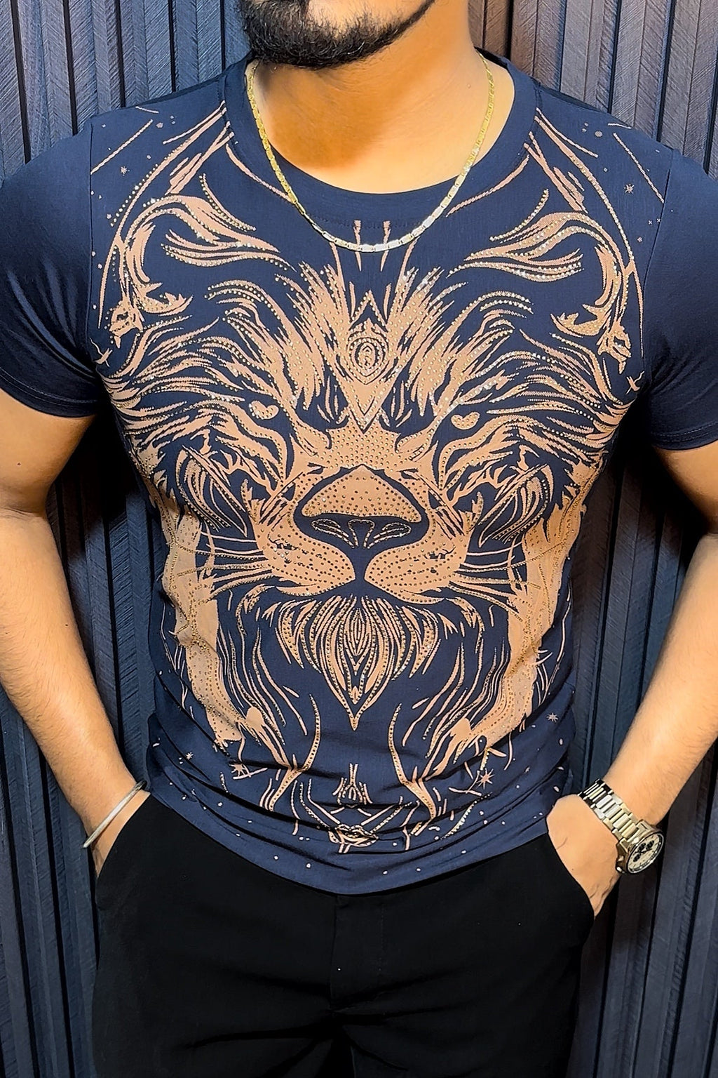 Lion Full Face Half Sleeves Tshirt - Navy - Under Attack