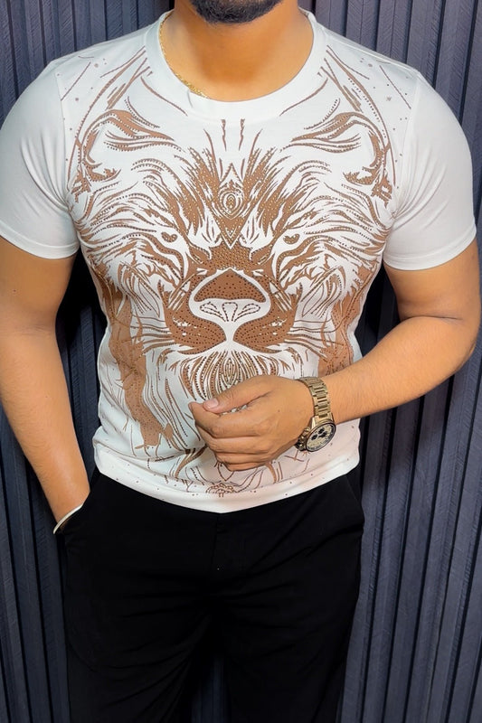 Lion Full Face Half Sleeves Tshirt - White - Under Attack