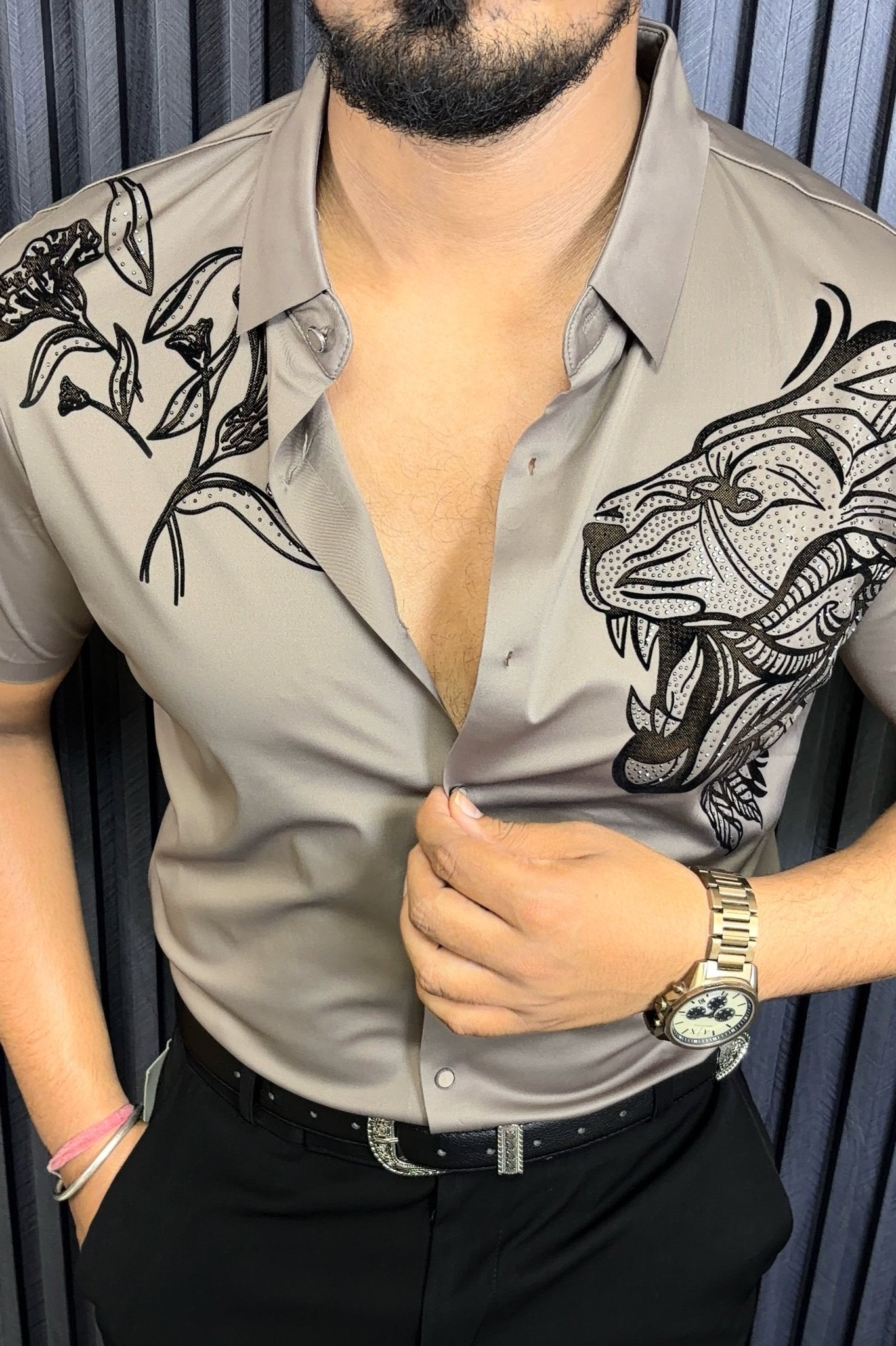 Lion Roar Jacquard Half Sleeves Shirt - Caramel - Under Attack