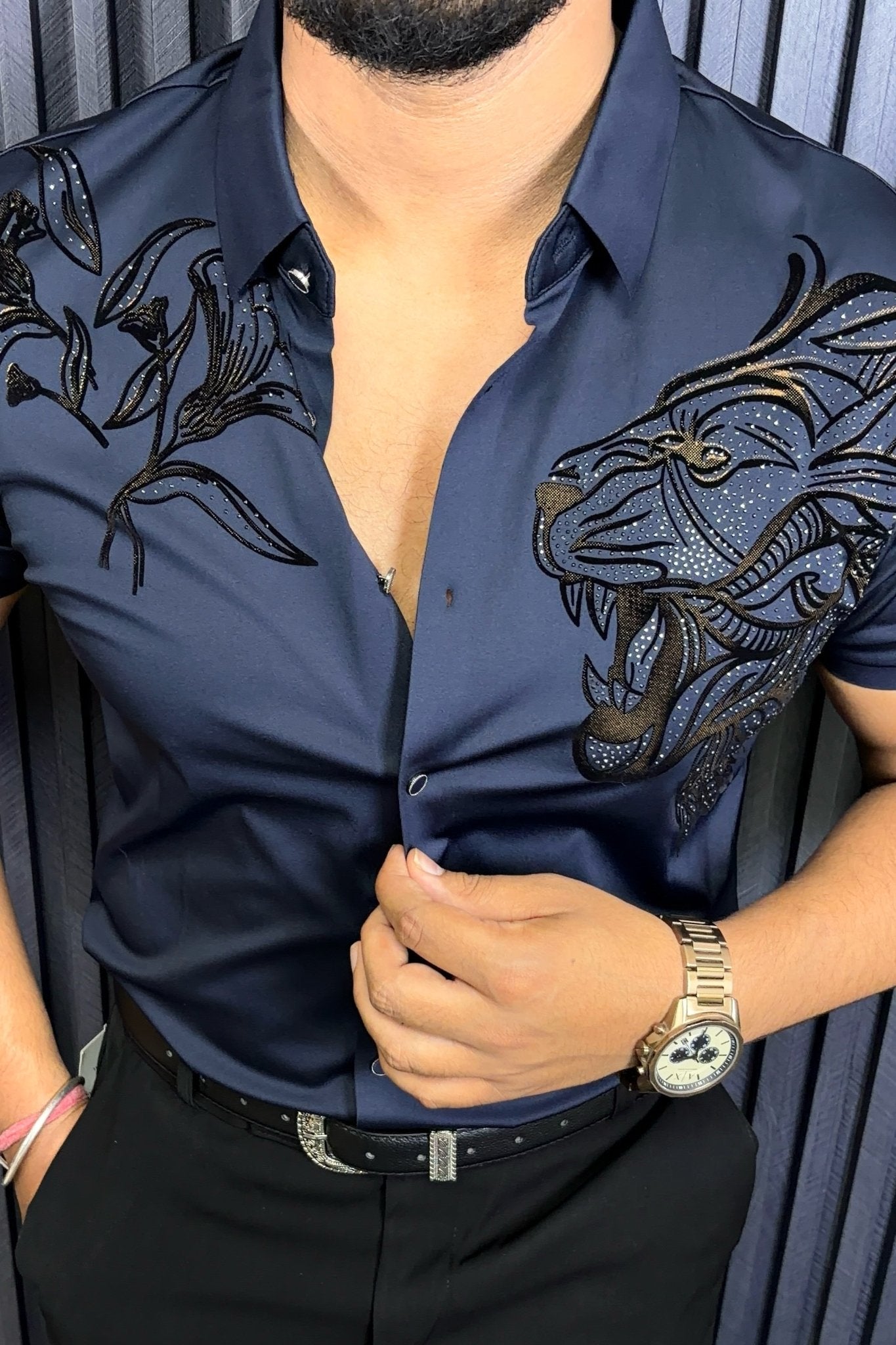 Lion Roar Jacquard Half Sleeves Shirt - NAVY - Under Attack