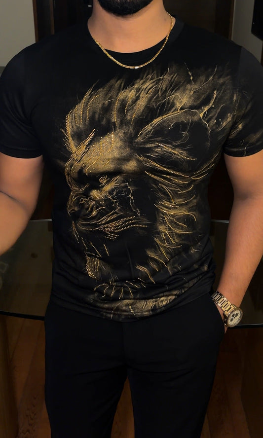Lion Swarovski Luxe Side Face Gold Half Sleeves Tshirt - Black - Under Attack