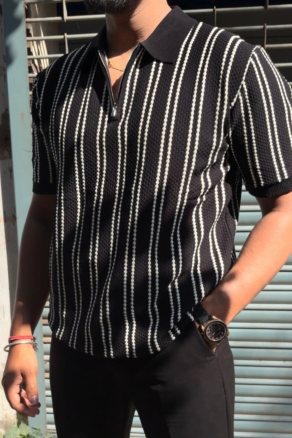 Monaco Striped Old Money Knitted Polo Tshirt - Black - Under Attack