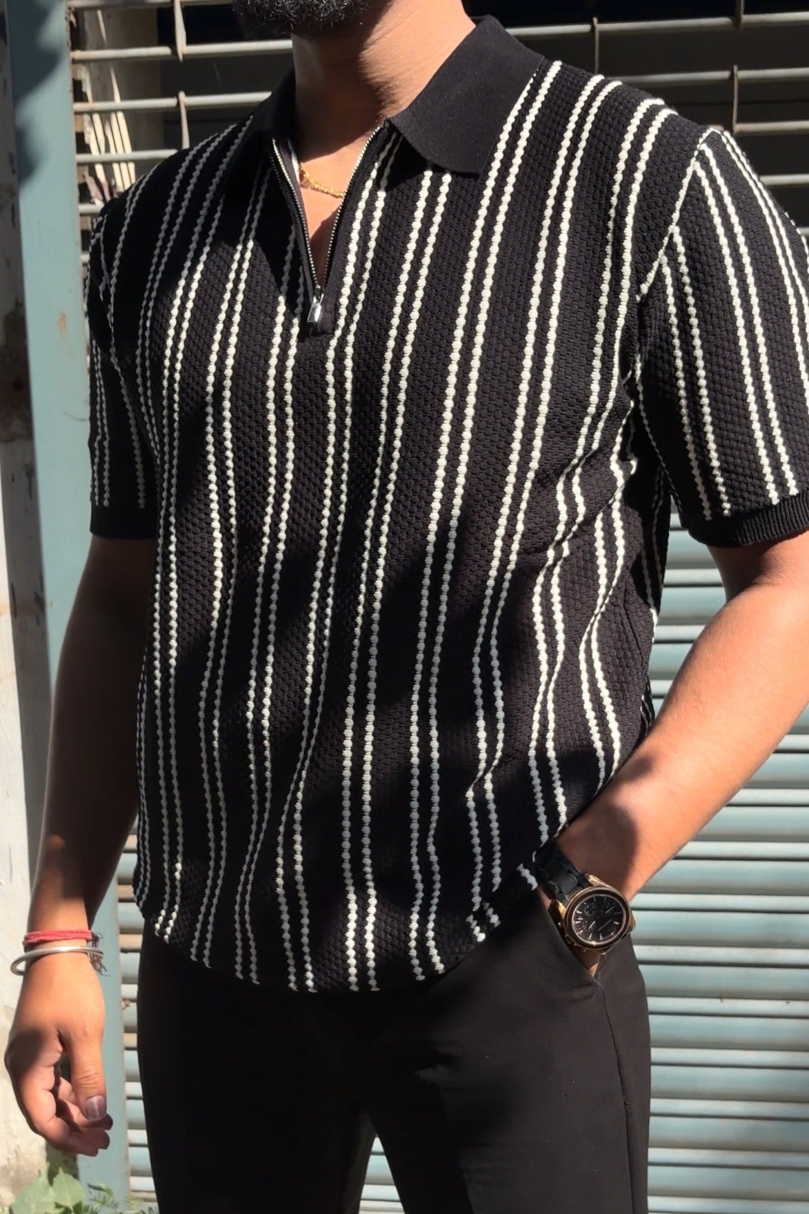 Monaco Striped Old Money Knitted Polo Tshirt - Black - Under Attack