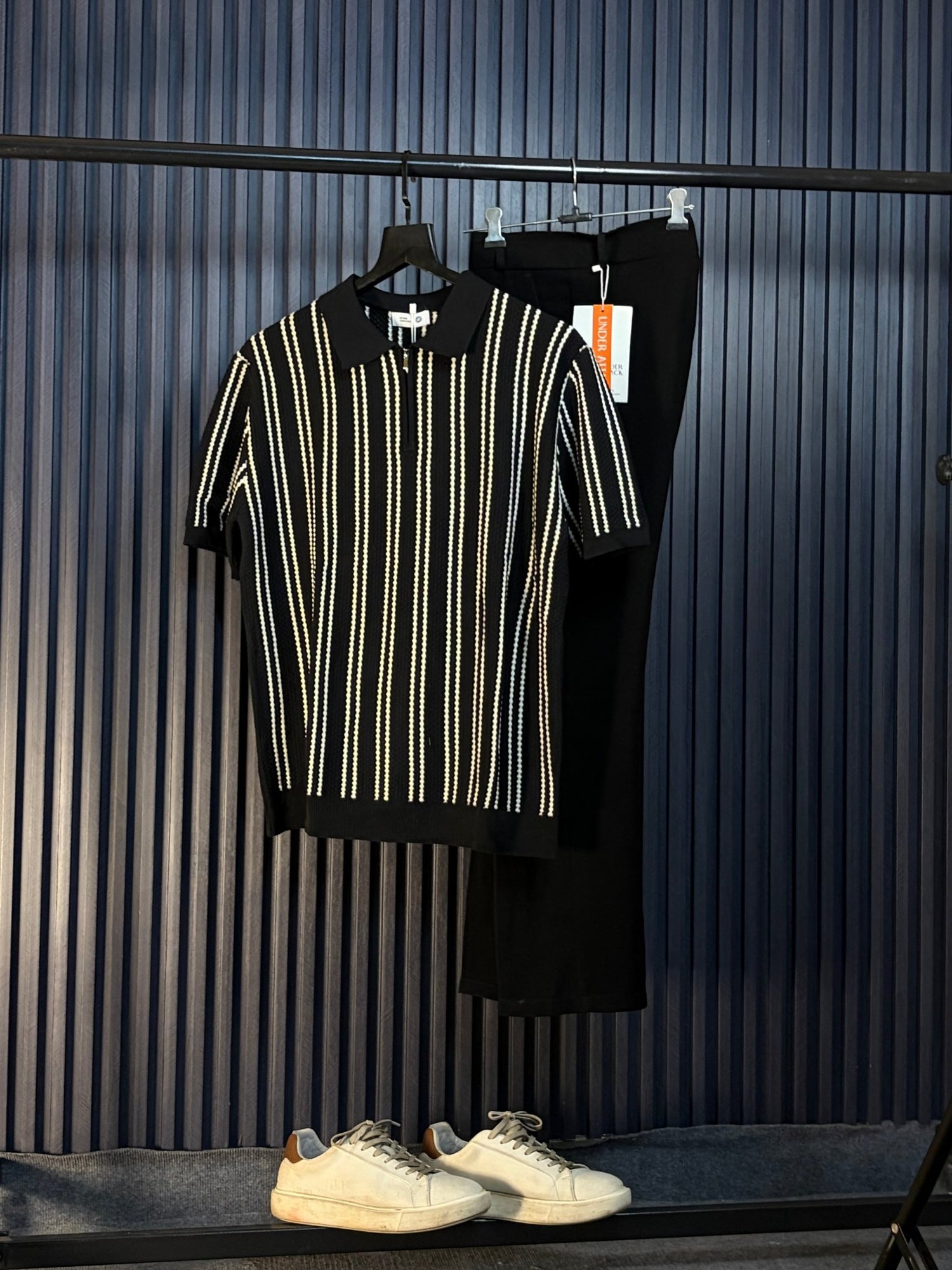 Monaco Striped Old Money Knitted Polo Tshirt - Black - Under Attack