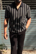 Monaco Striped Old Money Knitted Polo Tshirt - Black - Under Attack