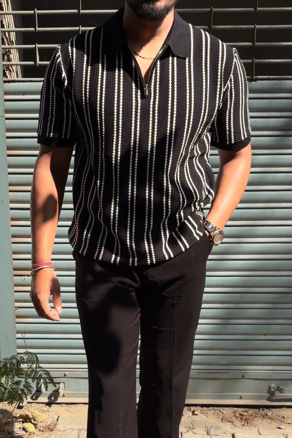 Monaco Striped Old Money Knitted Polo Tshirt - Black - Under Attack